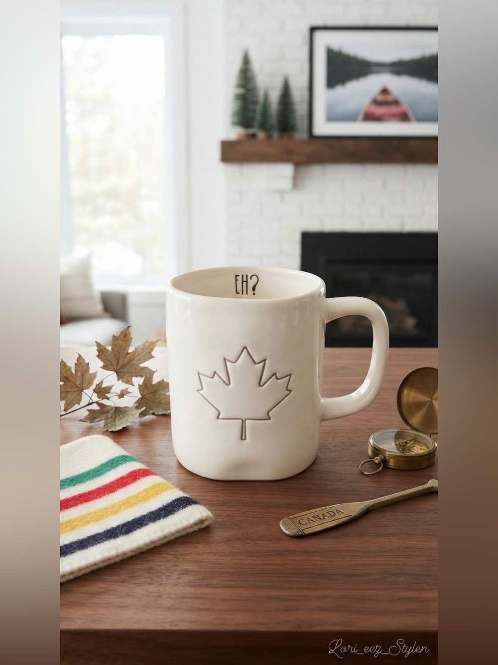 Rae Dunn Cream Ceramic Mug with Maple Leaf and "EH?"